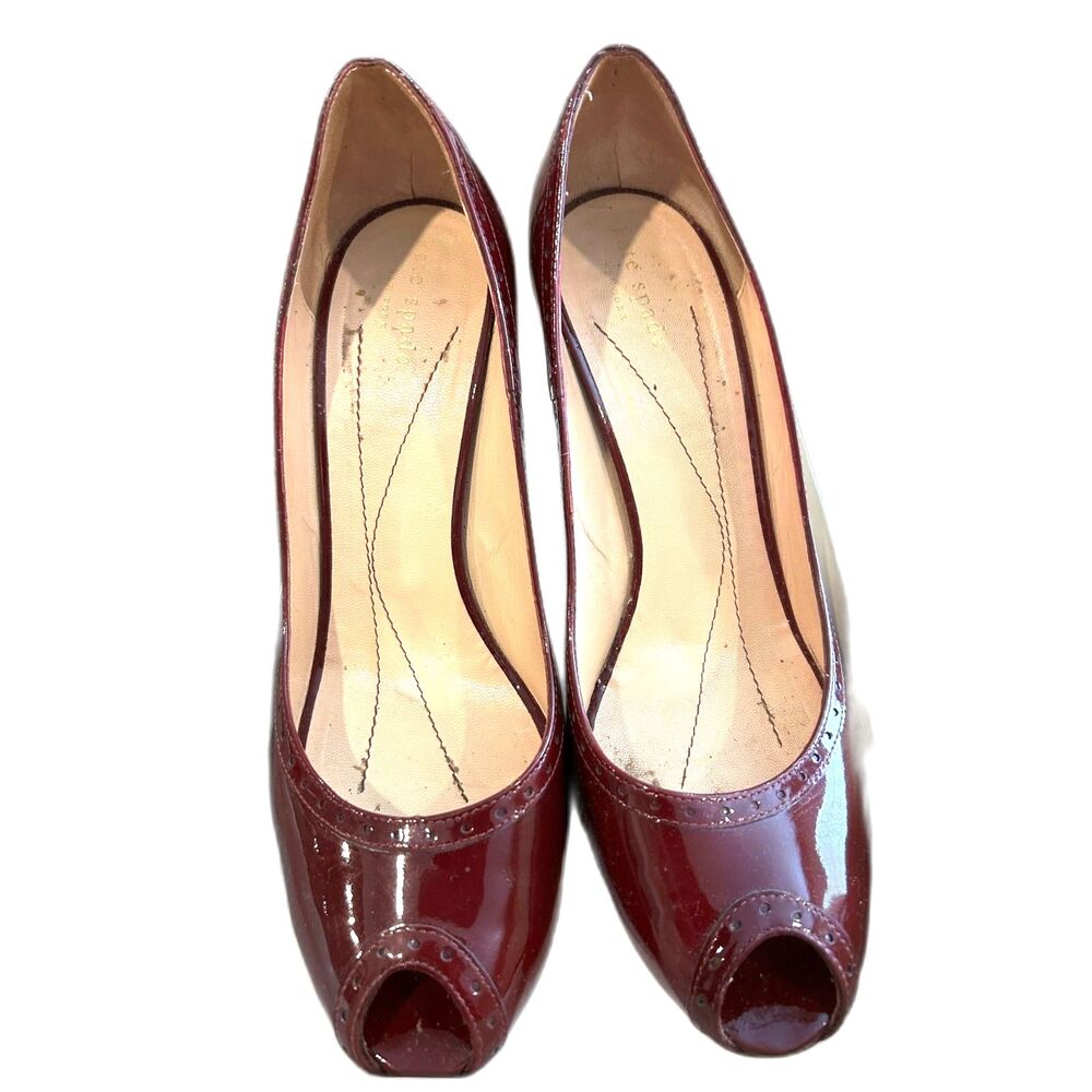 Kate Spade Dark Red Patent Leather Peep-toe Perforated Heels - Size 9.5
